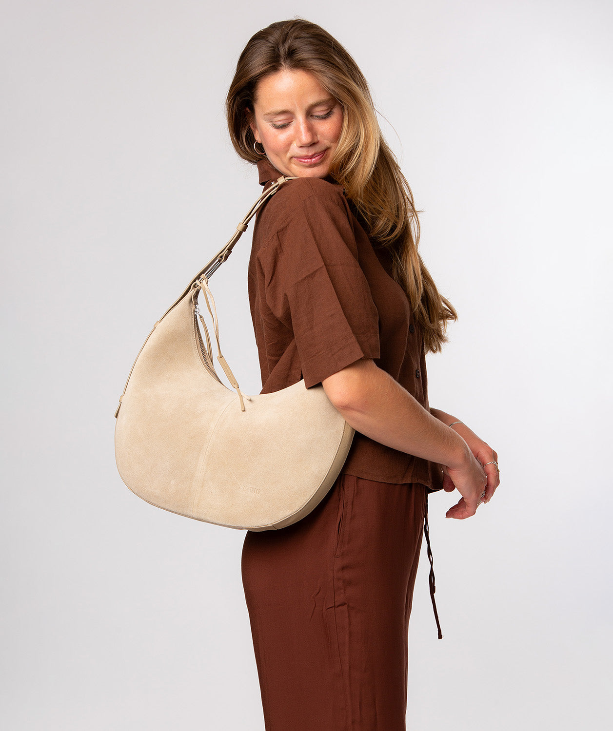 'Kacey' Beige Suede & Leather Shoulder Bag
