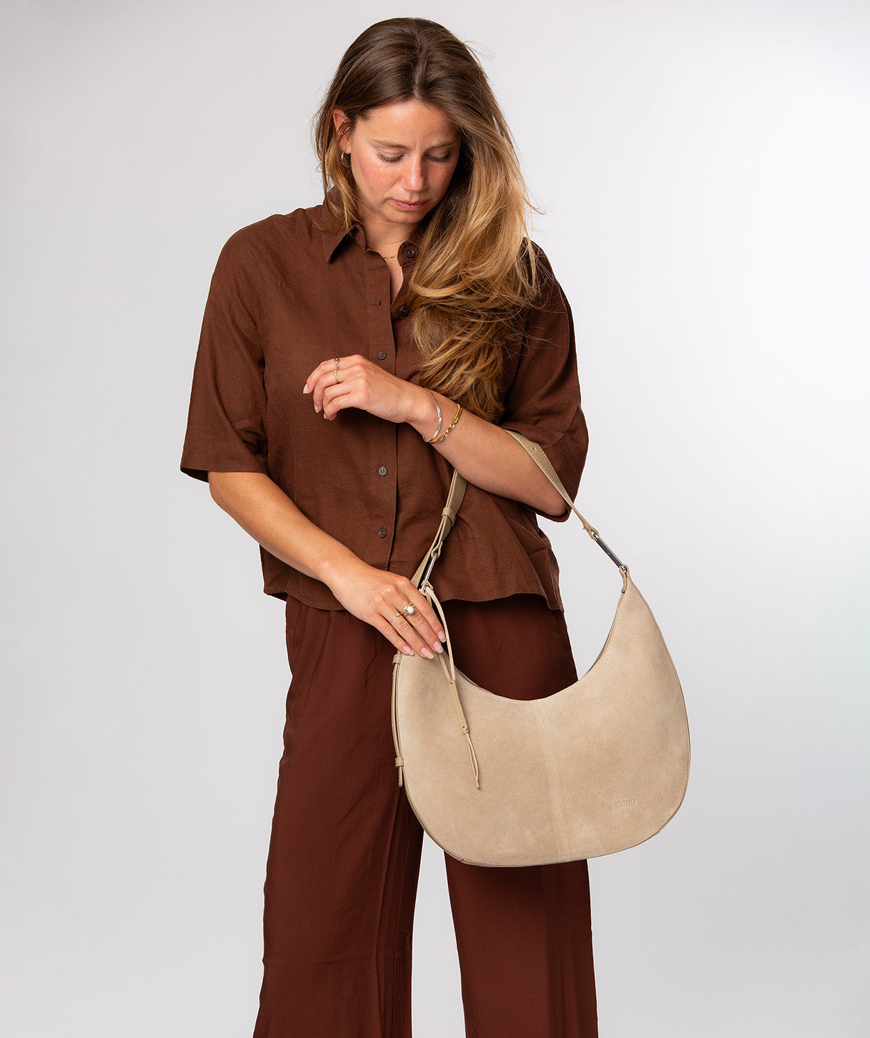 'Kacey' Beige Suede & Leather Shoulder Bag