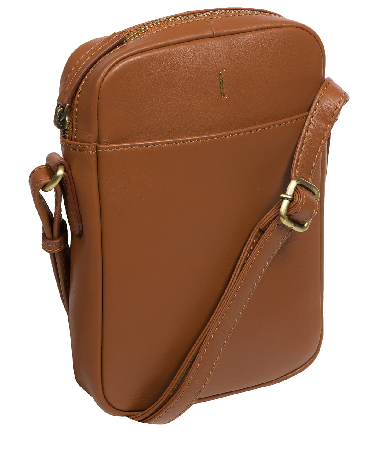 Back view of tan leather crossbody bag