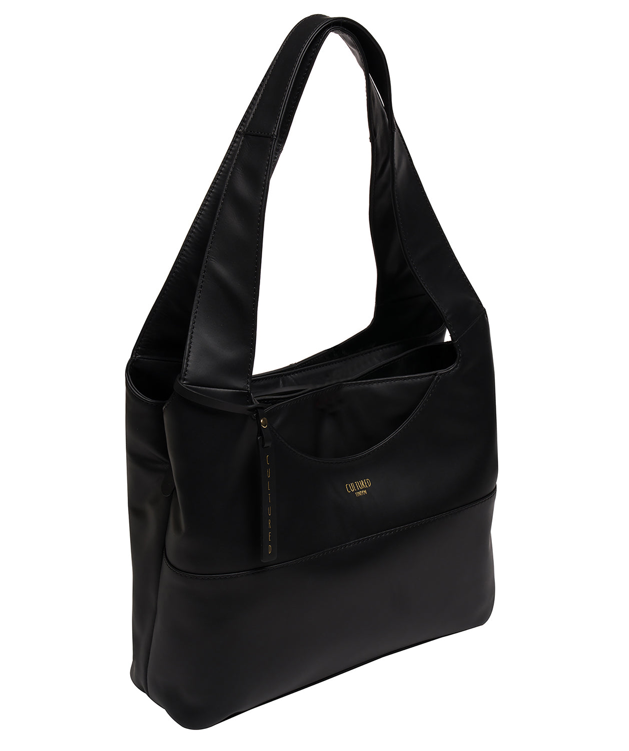 Ariel black leather shoulder bag back view with leather charm