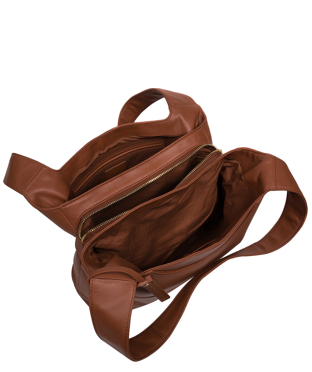 Zip-over top fastening and front crescent pocket
