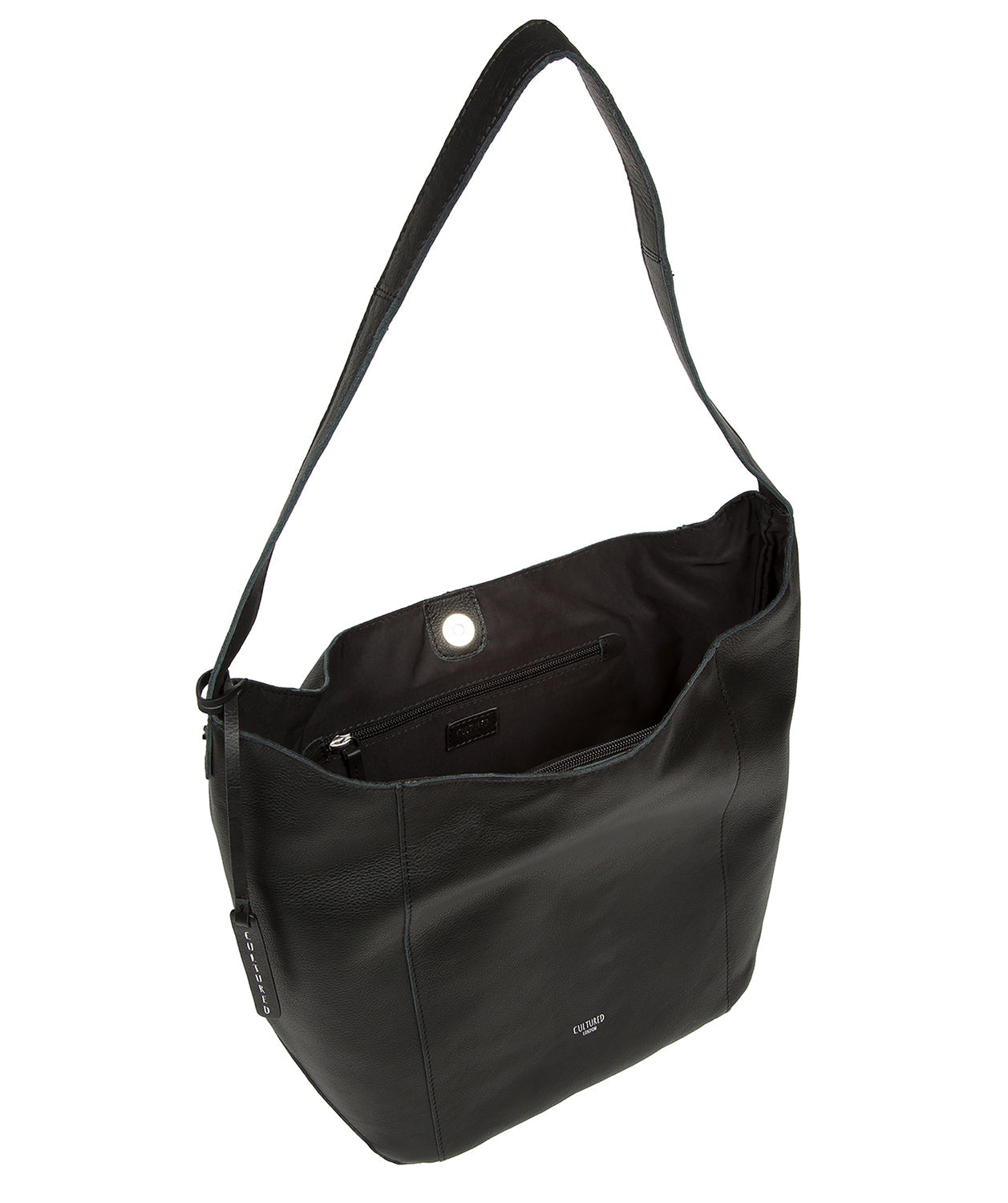 side profile displaying slouchy structure and silver hardware