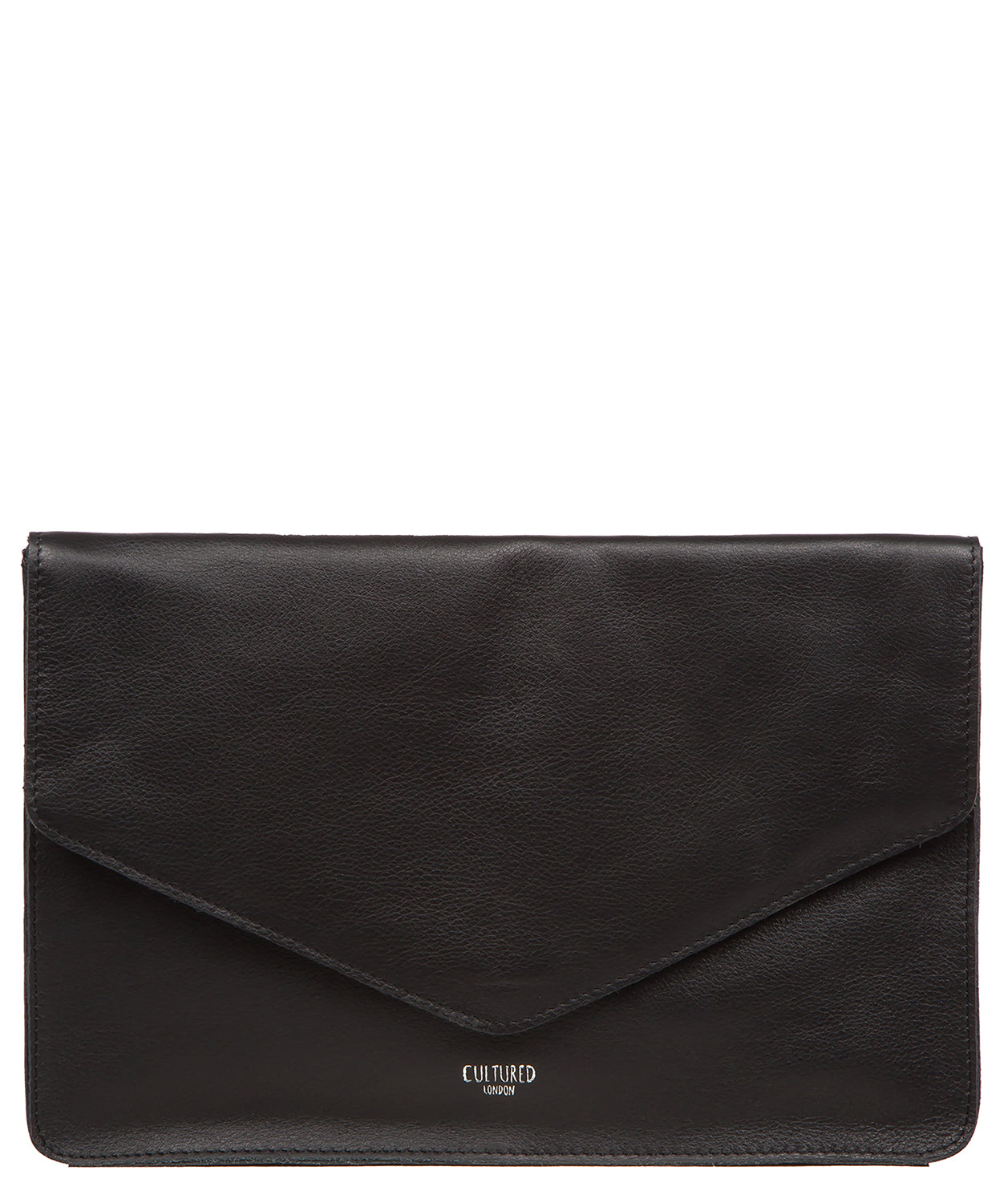Cultured London Yara black leather clutch bag front view