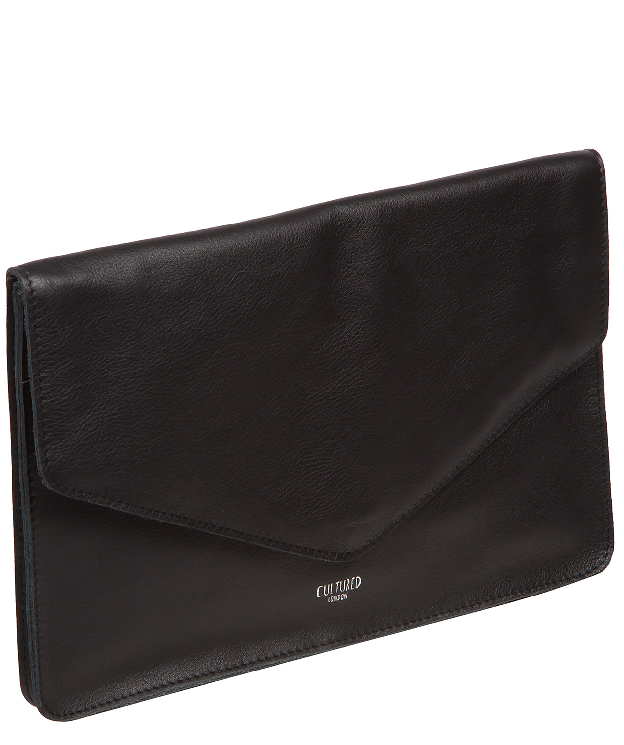 Silver foil embossed Cultured London logo on clutch