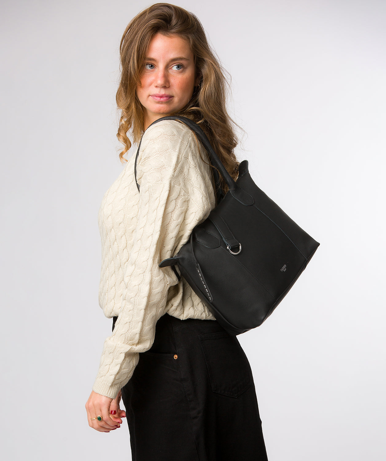 Cultured London Uma black leather tote bag front view