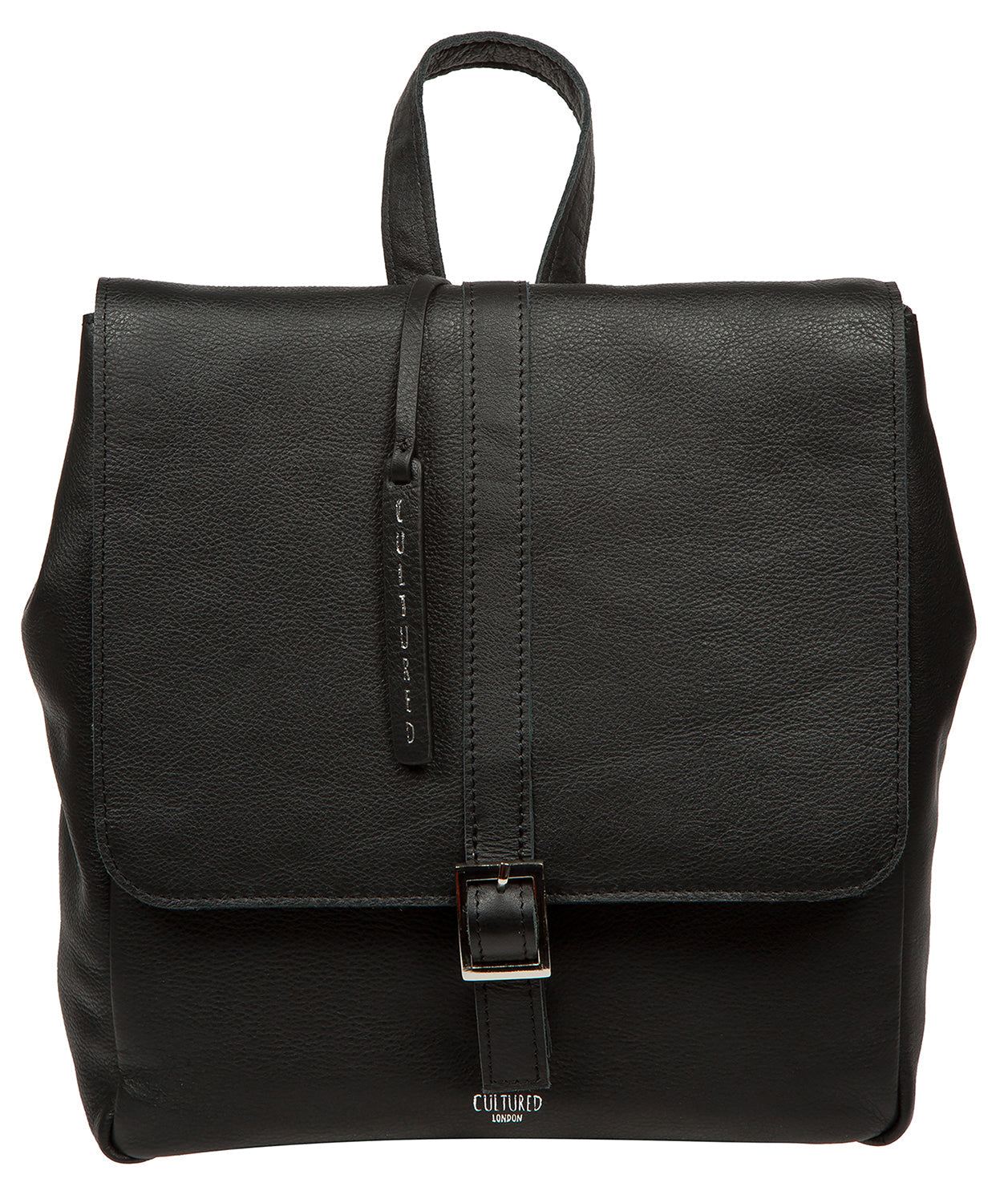 Cultured London Danica black leather backpack front view