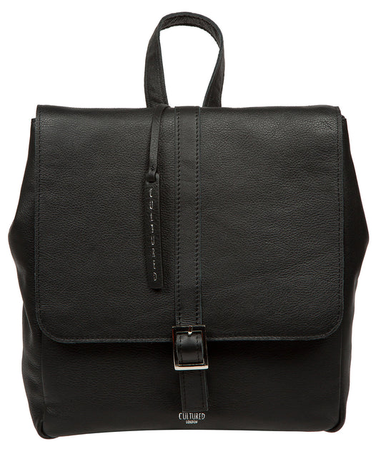 Cultured London Danica black leather backpack front view