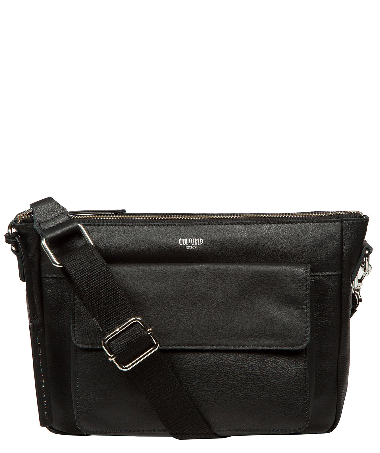 Cultured London Orly black leather crossbody bag front view