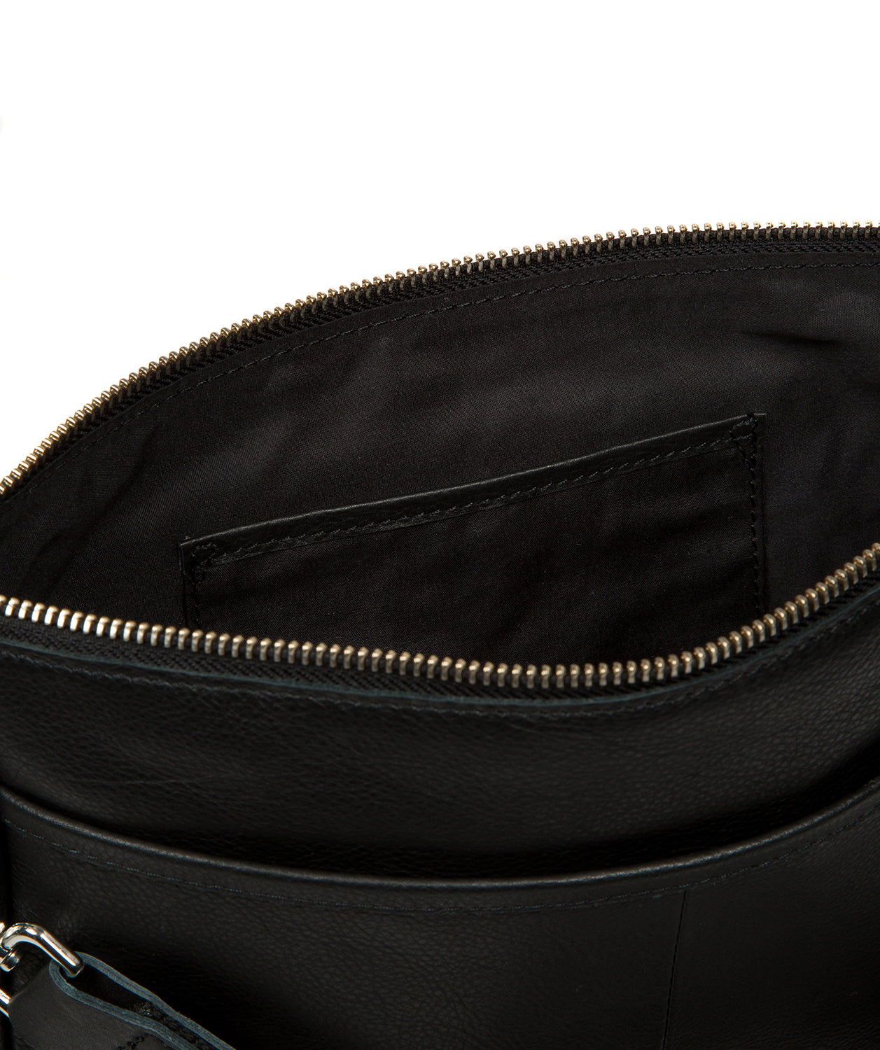 shoulder strap with silver metal fittings close-up