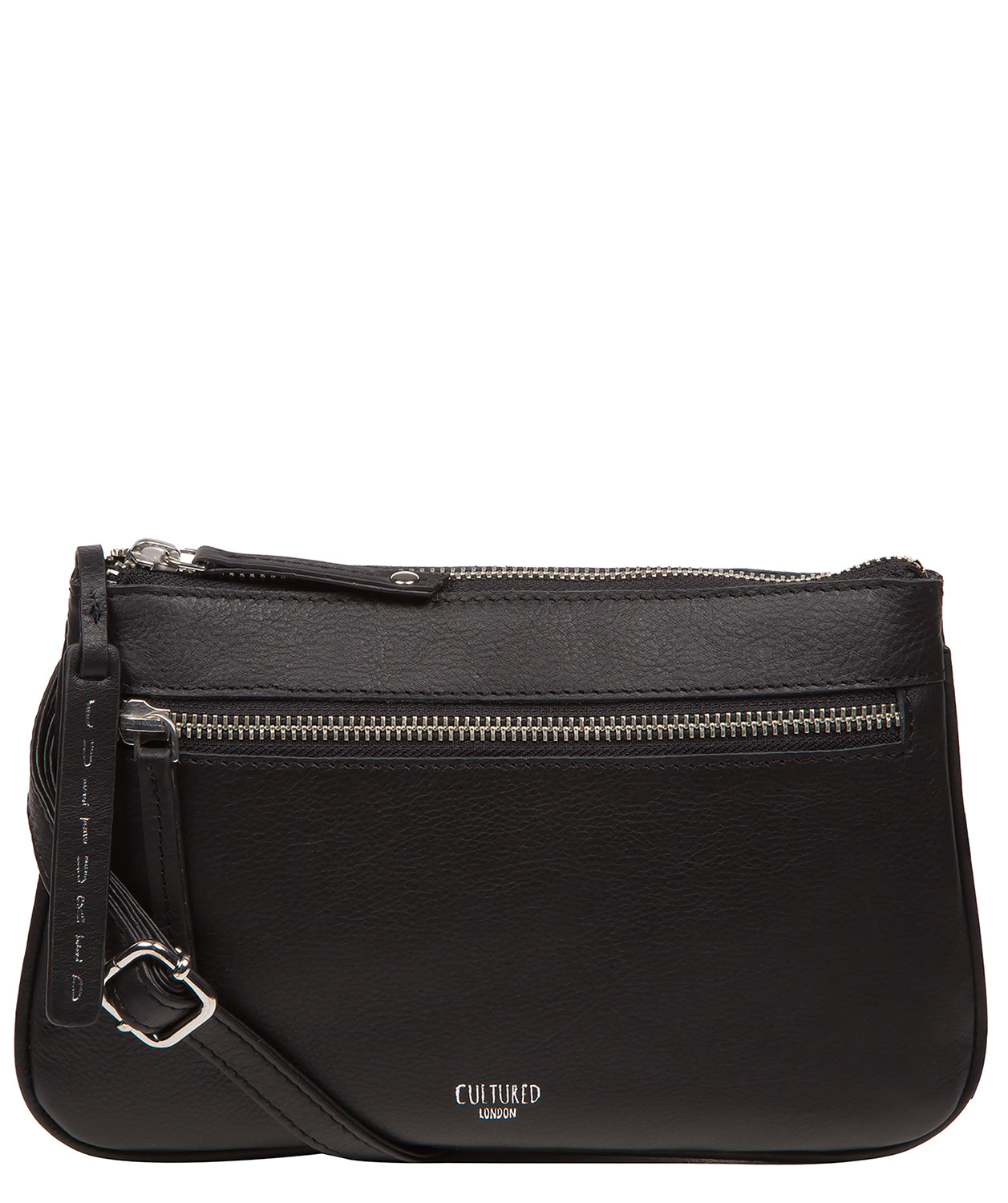Cultured London Laurel black leather crossbody phone bag front view