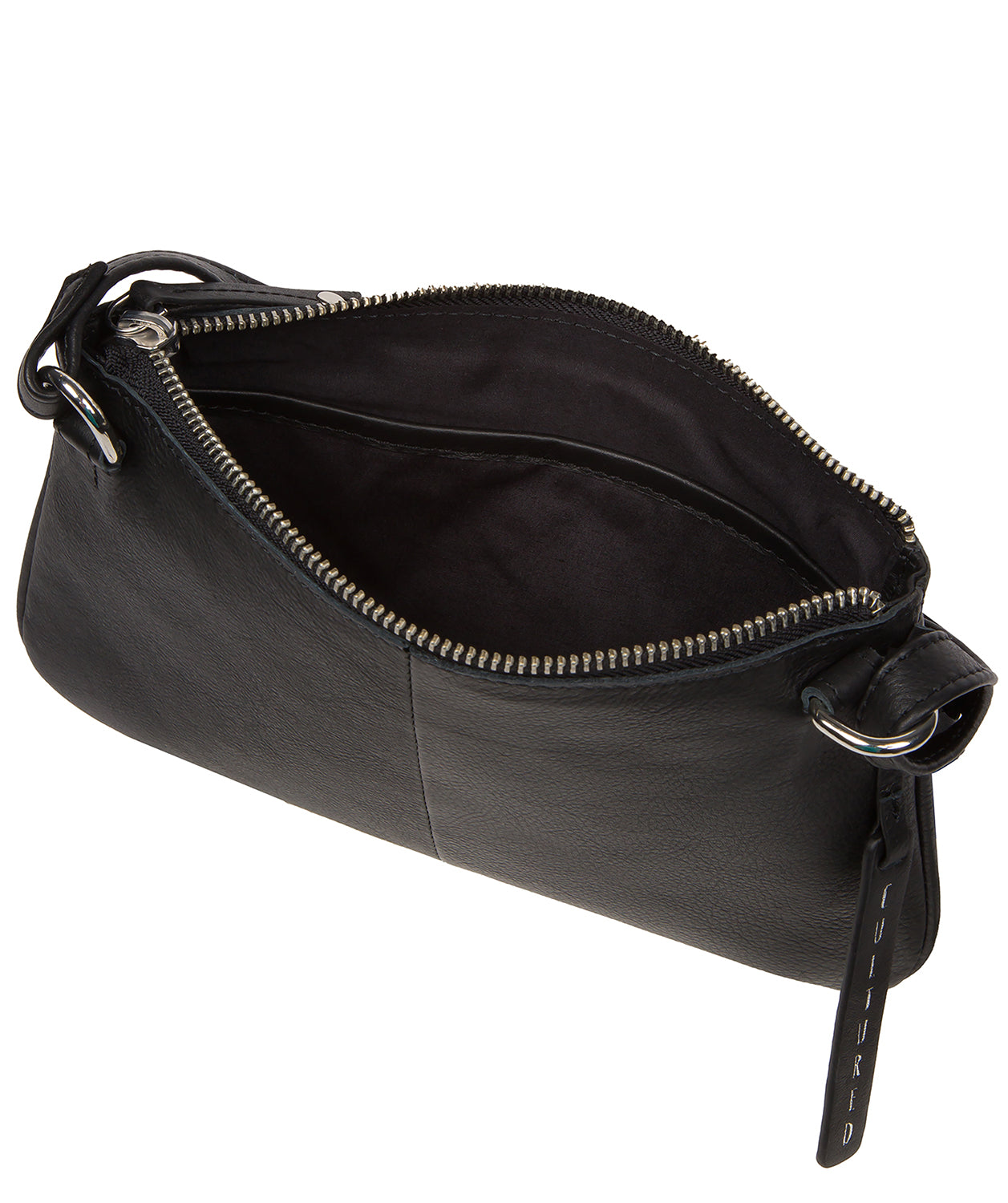 Black leather crossbody bag side profile with adjustable strap