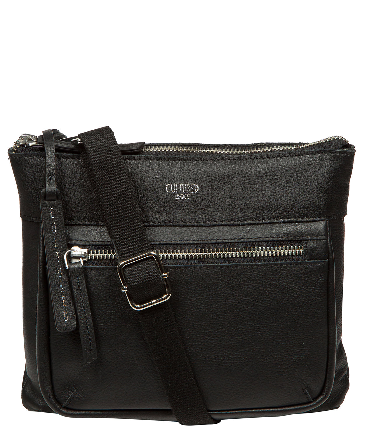 Cultured London Kaia black leather crossbody bag front view