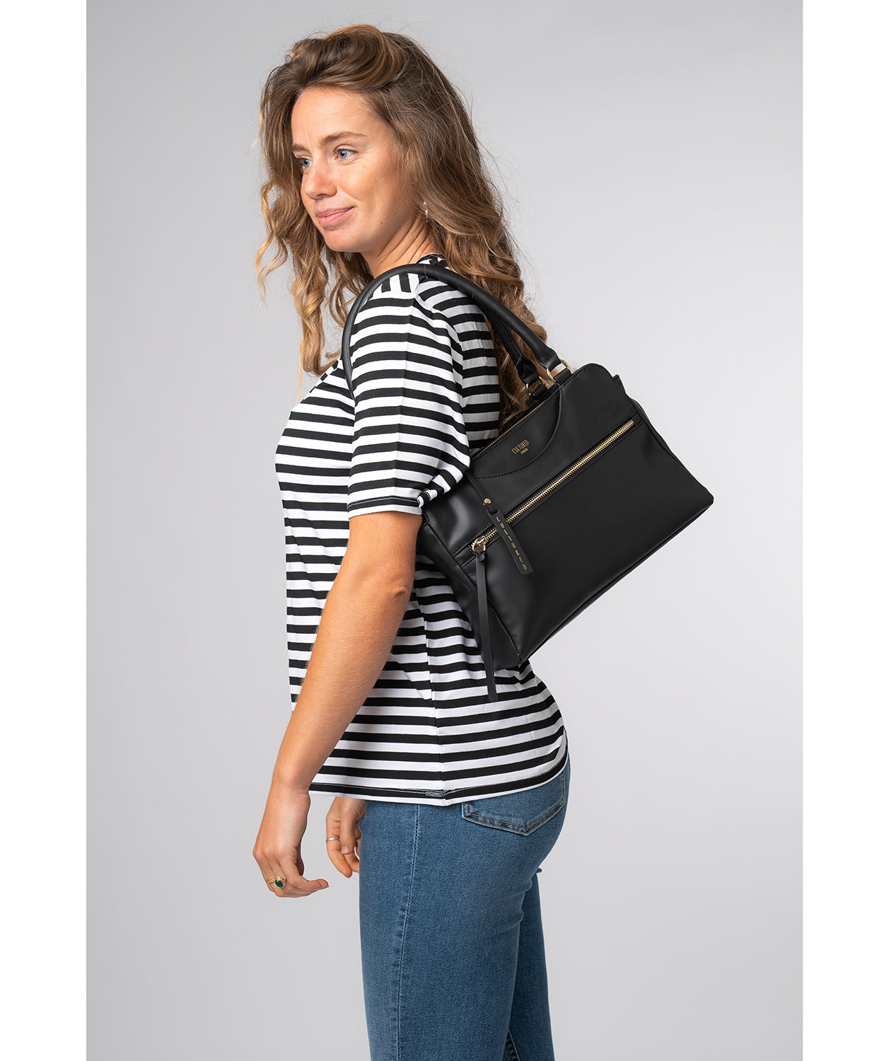 Brianna handbag top zip-over closure and gold embossed logo