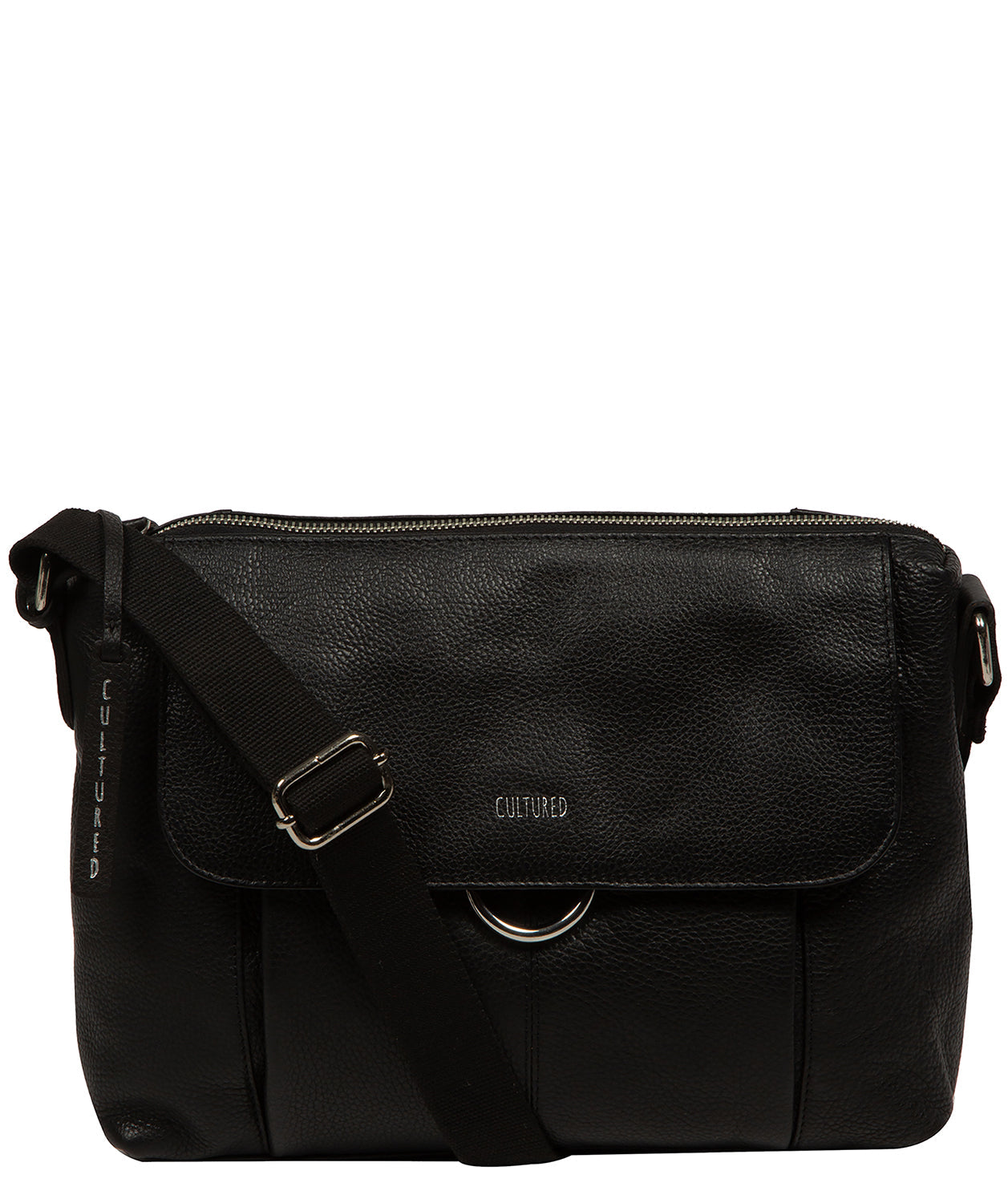 Cultured London Cherry black leather shoulder bag front view