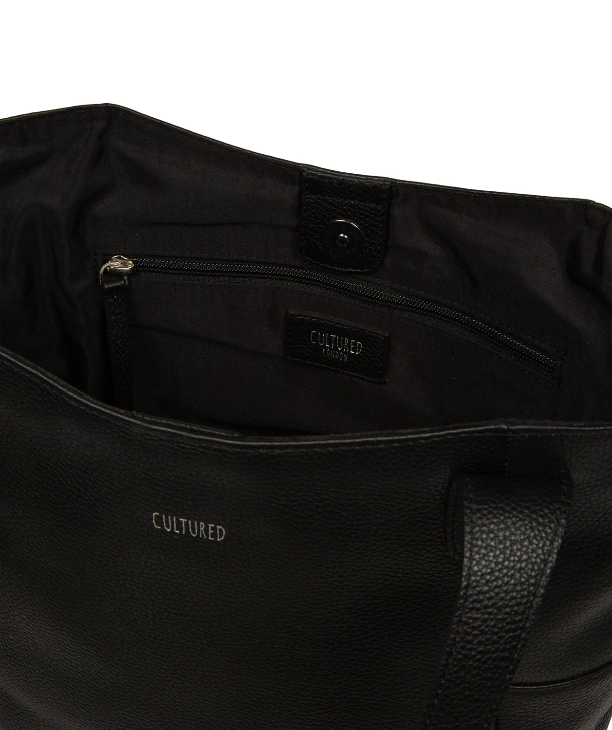 Back view of black leather tote with embossed logo