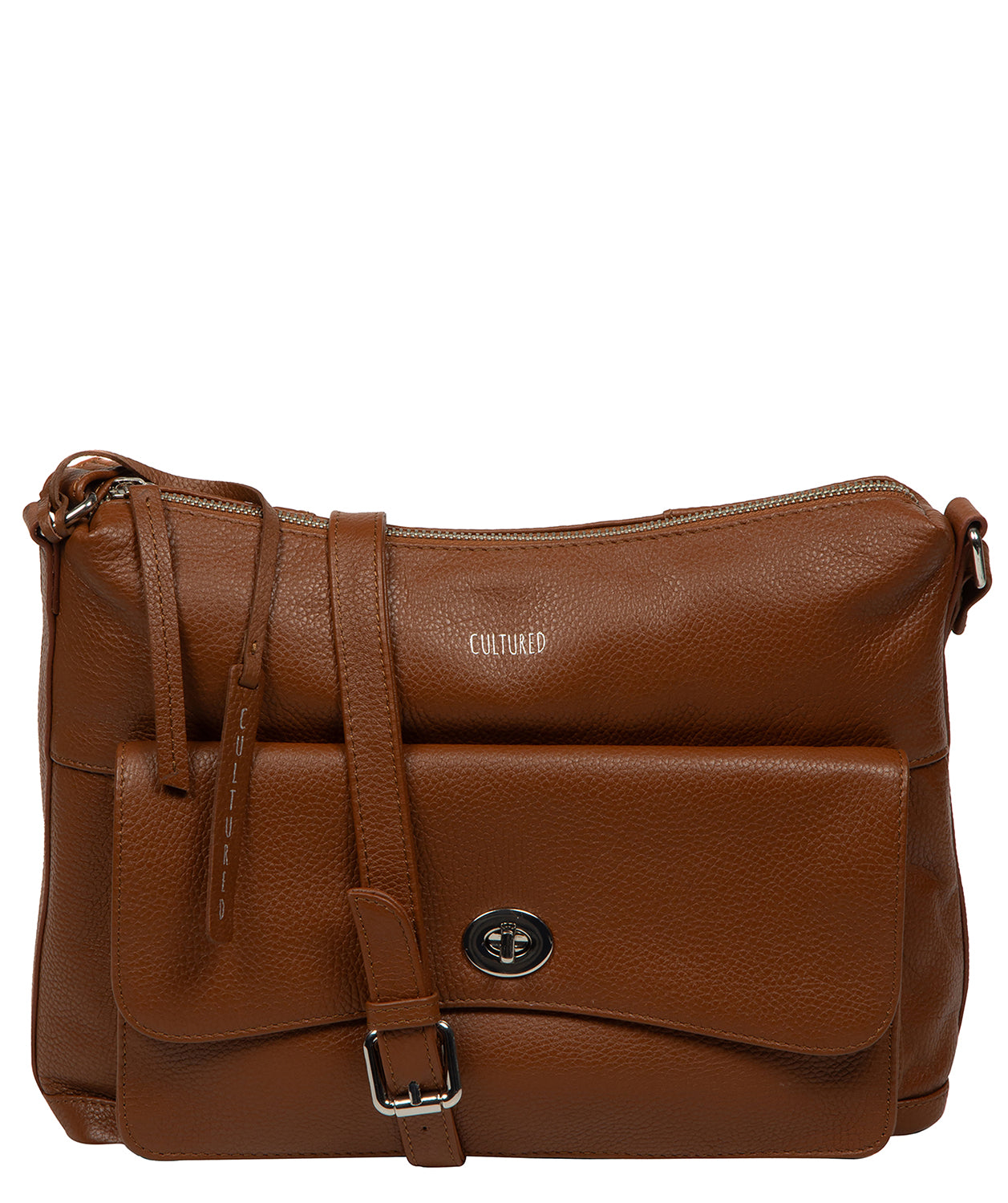 Cultured London Sylvie rich tan leather shoulder bag front view