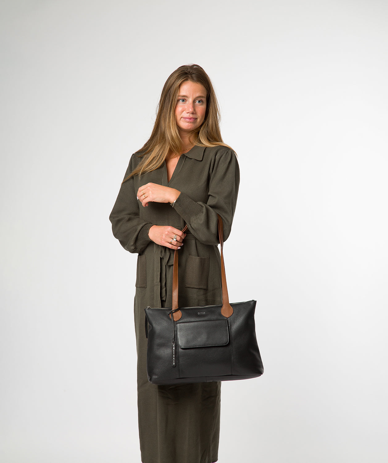 Cultured London Solange black and tan leather tote bag front view