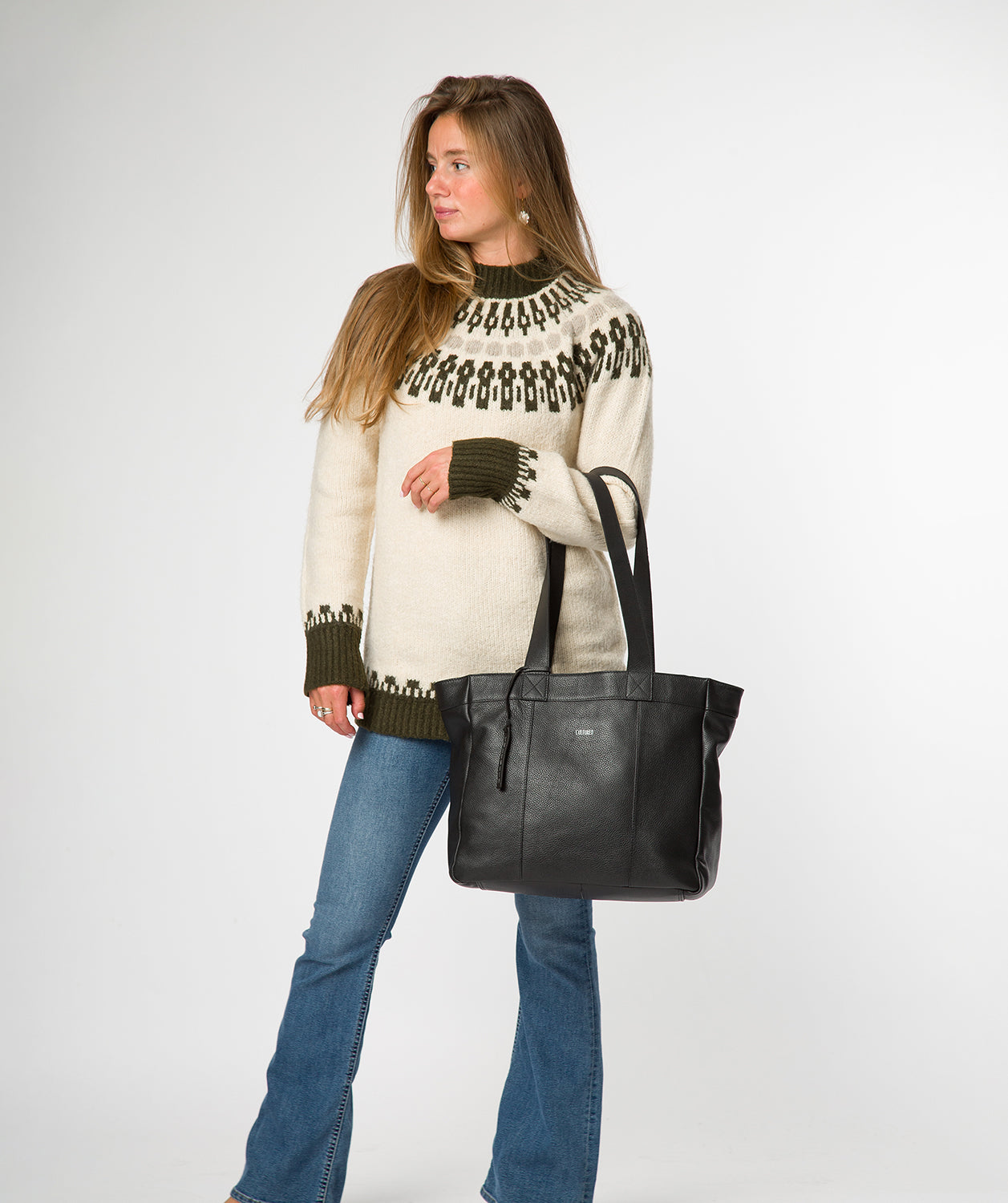 Gisella black tote bag full view with hanging charm