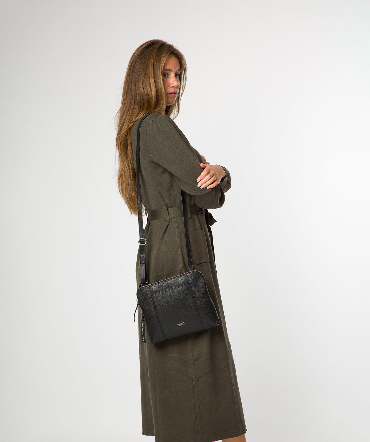 Cultured London Celina black pebble grain leather crossbody bag front view