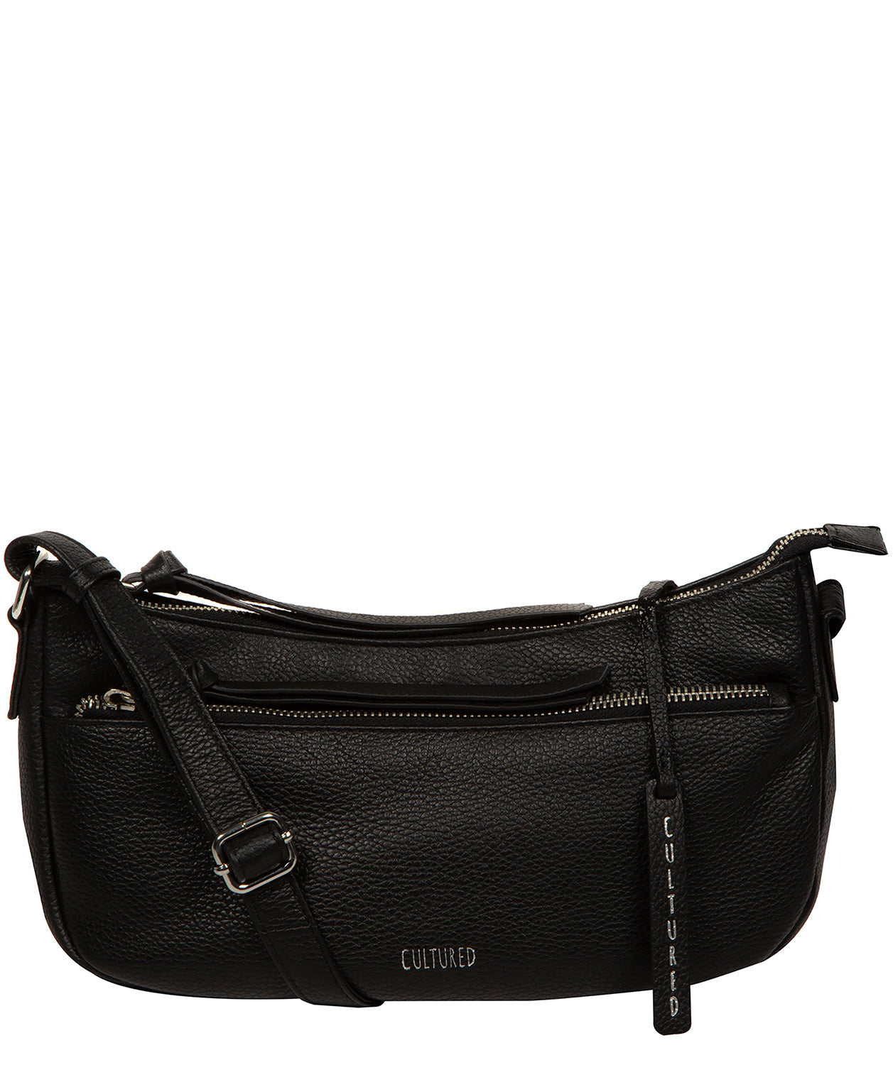 Cultured London Elowen black leather crossbody bag front view