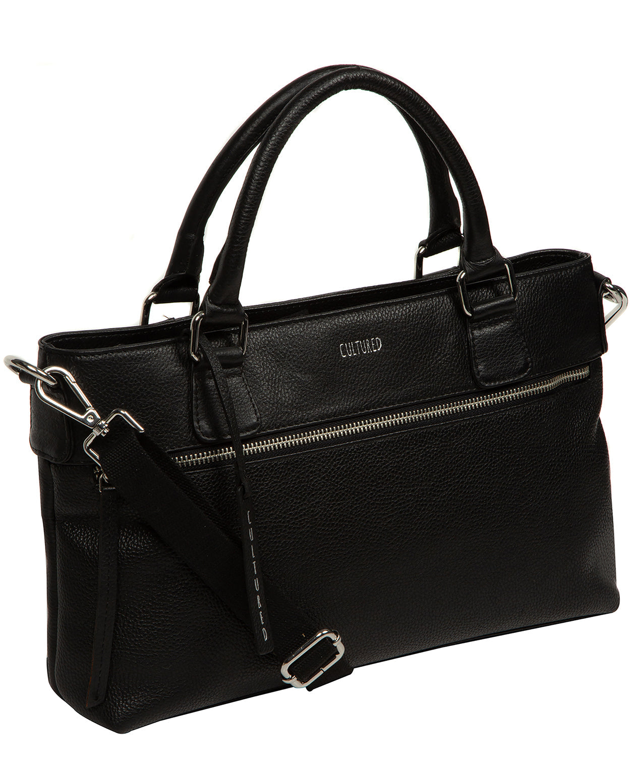 Silver fittings and embossed Cultured London logo on front