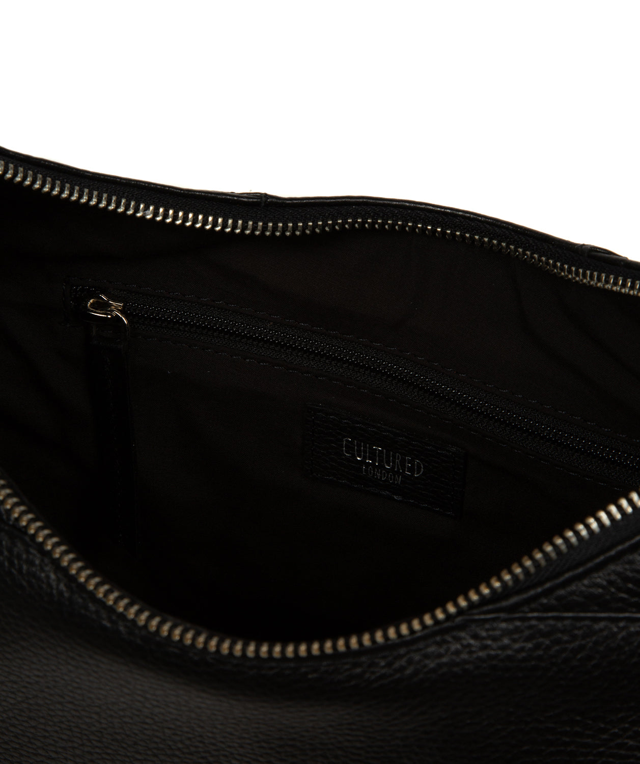 Back panel and silver metal fittings on black leather